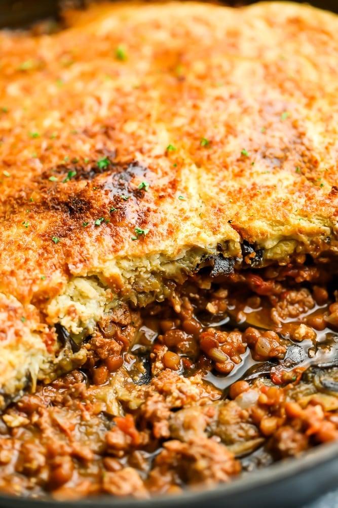 close up of vegan moussaka in a baking dish