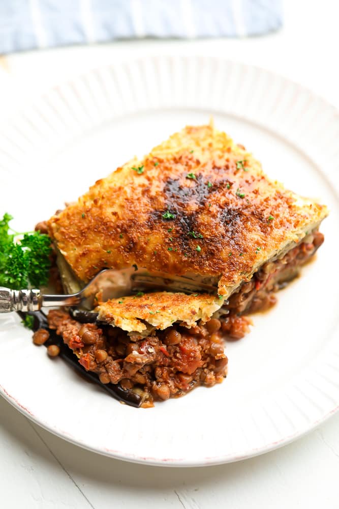 slice of moussaka on a white plate