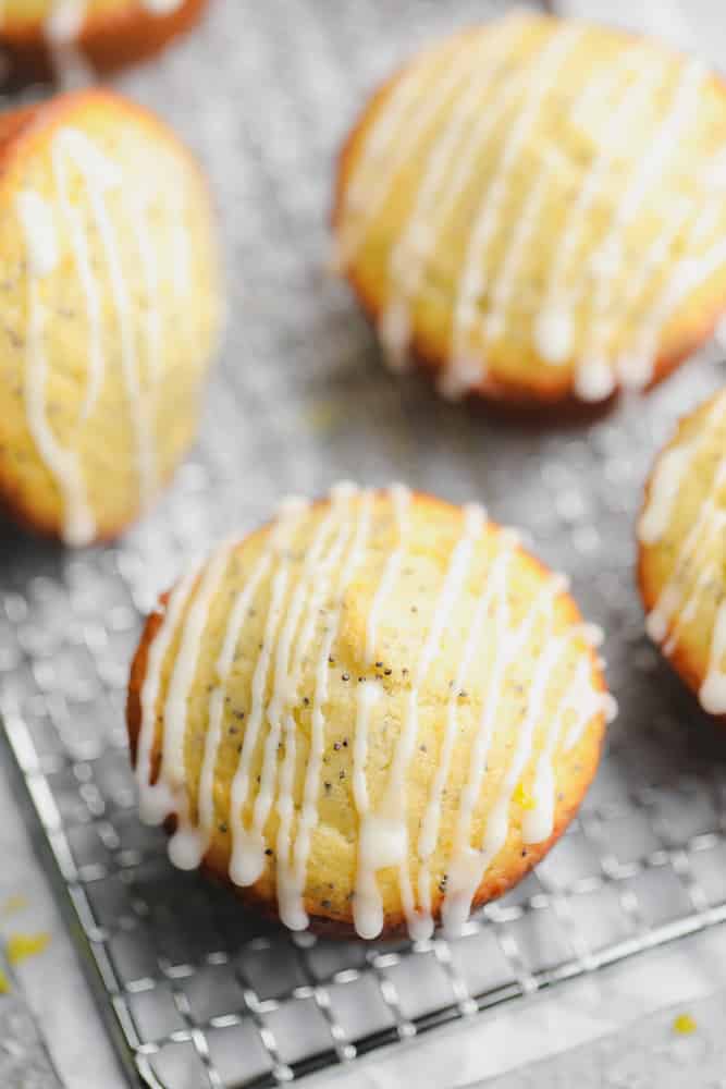 looking down on a close up of a yellowish muffin with glaze