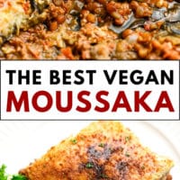 pinterest image of vegan moussaka in a baking dish and on a white plate