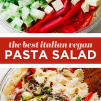 pinterest image of a vegan pasta salad in a glass bowl