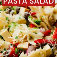 pinterest image of a close up on a pasta salad