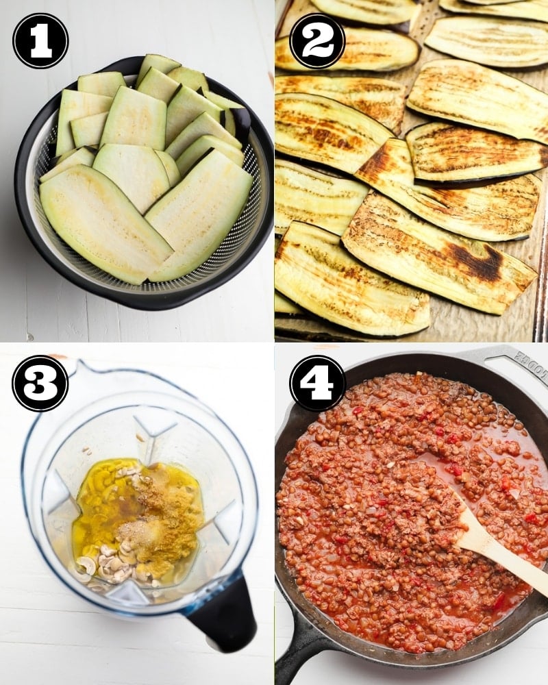 4 step by step images showing how to make vegan moussaka layers