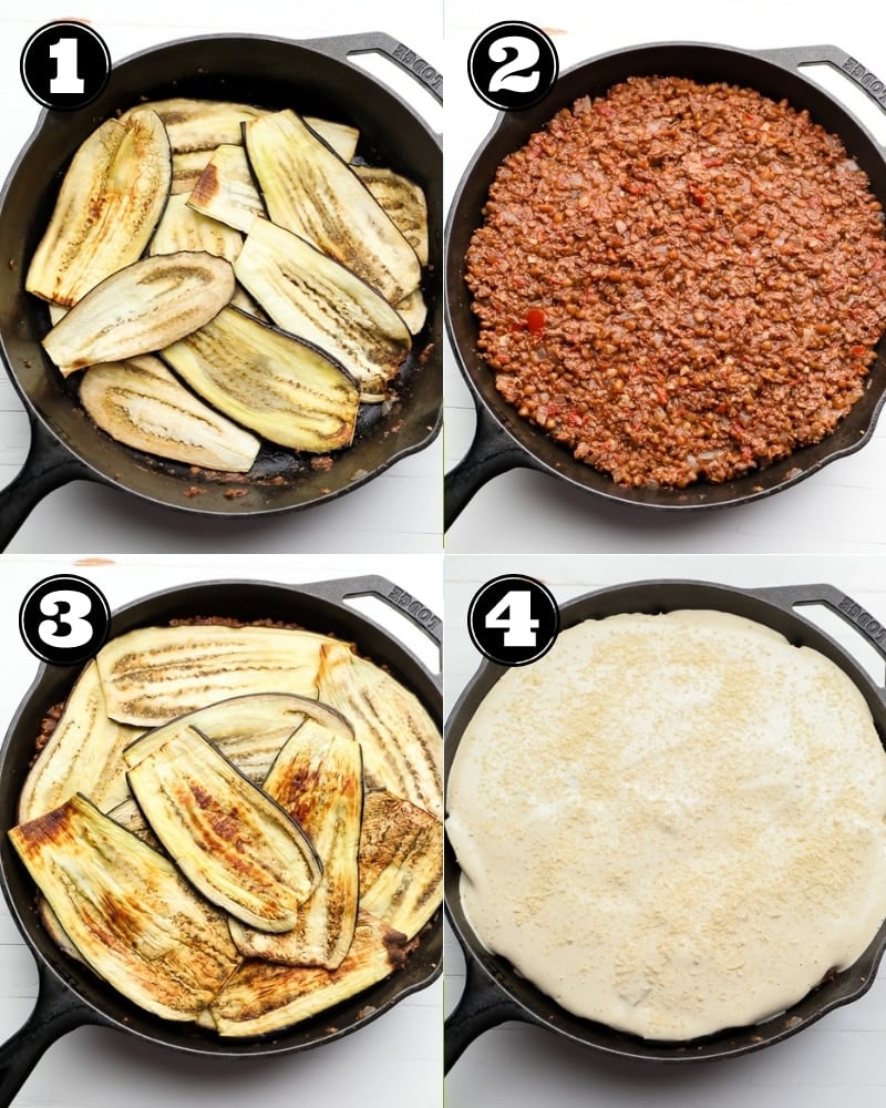 4 step by step images showing how to assemble a vegan moussaka