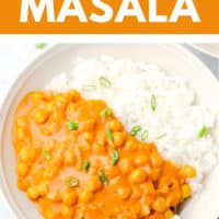 Pinterest image with orange text box for tikka masala made with chickpeas