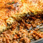 close up of vegan moussaka in a baking dish