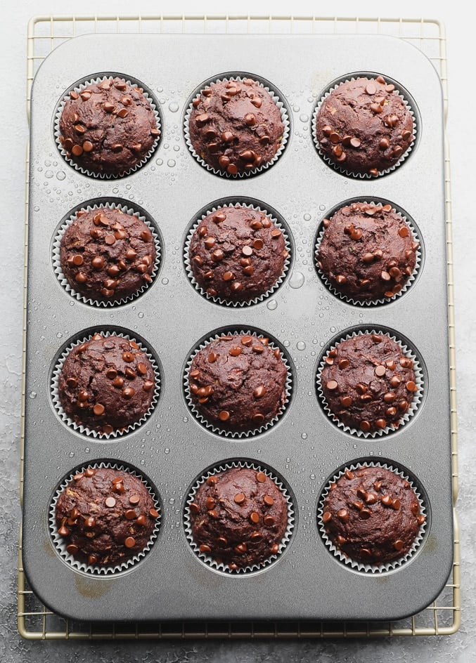 baked chocolate chip muffins in a lined muffin tin