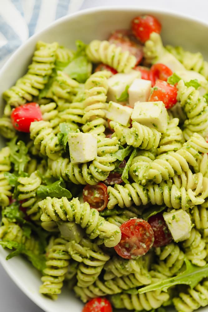 close up on pasta salad in a white bowl