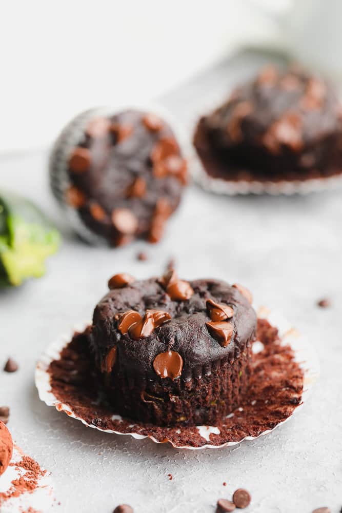 unwrapped baked chocolate muffin with chocolate chips on top