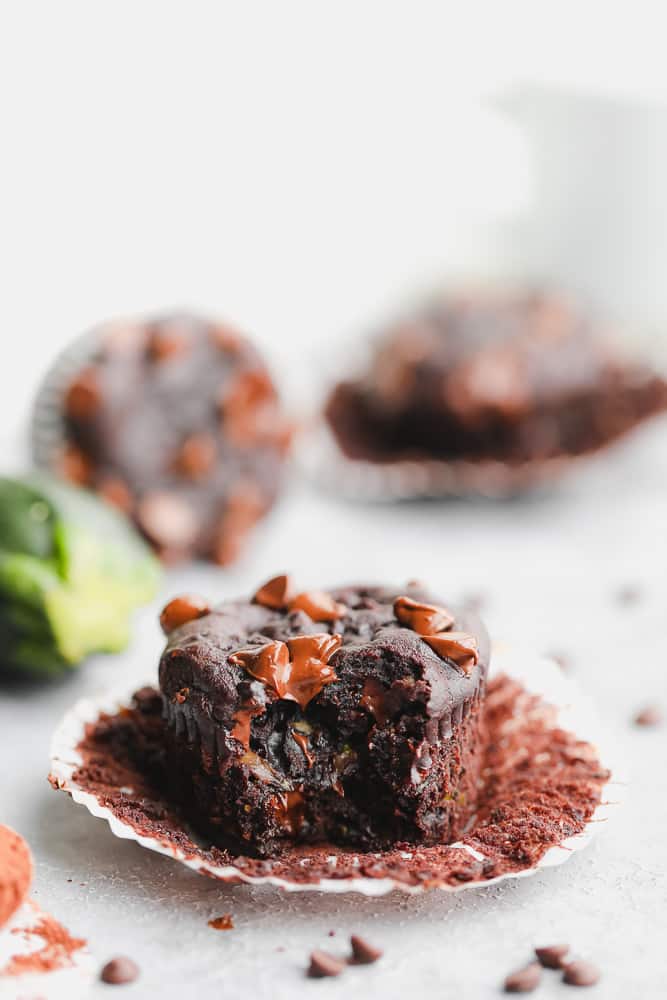 unwrapped chocolate muffin with a bite out of it
