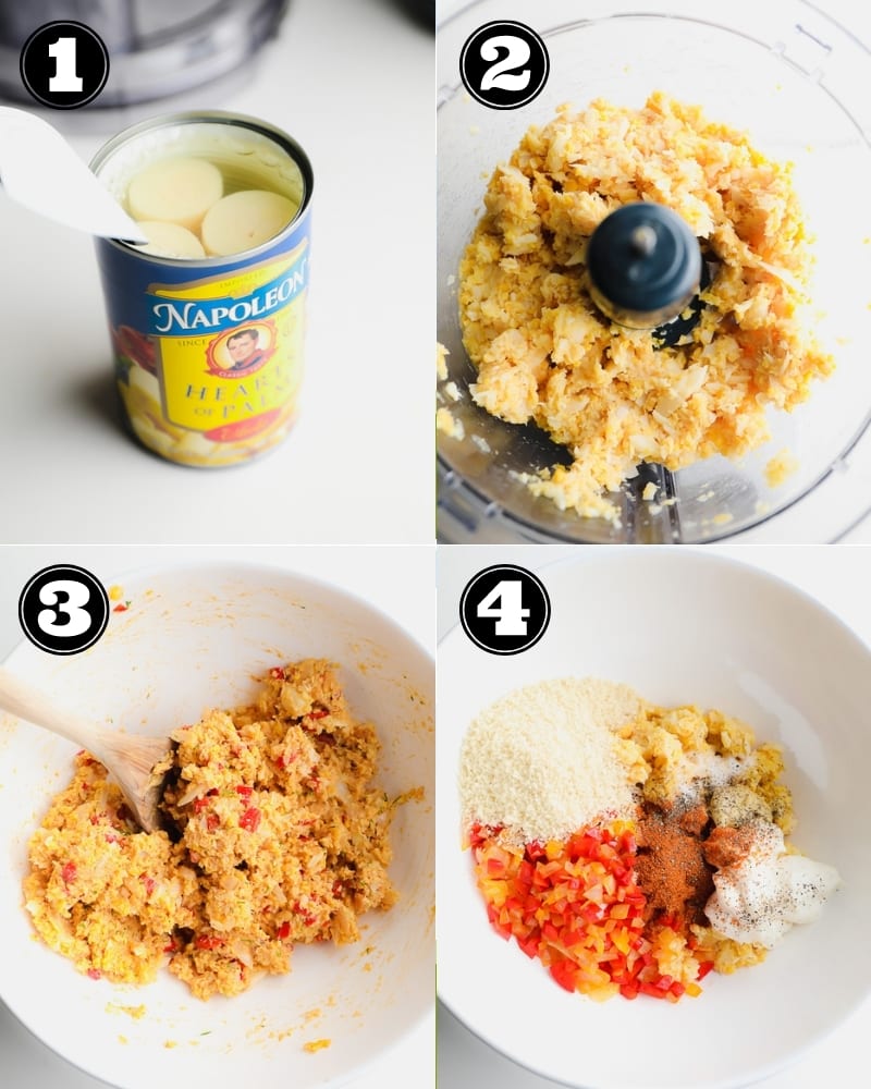 4 images showing the steps to making vegan crab cakes