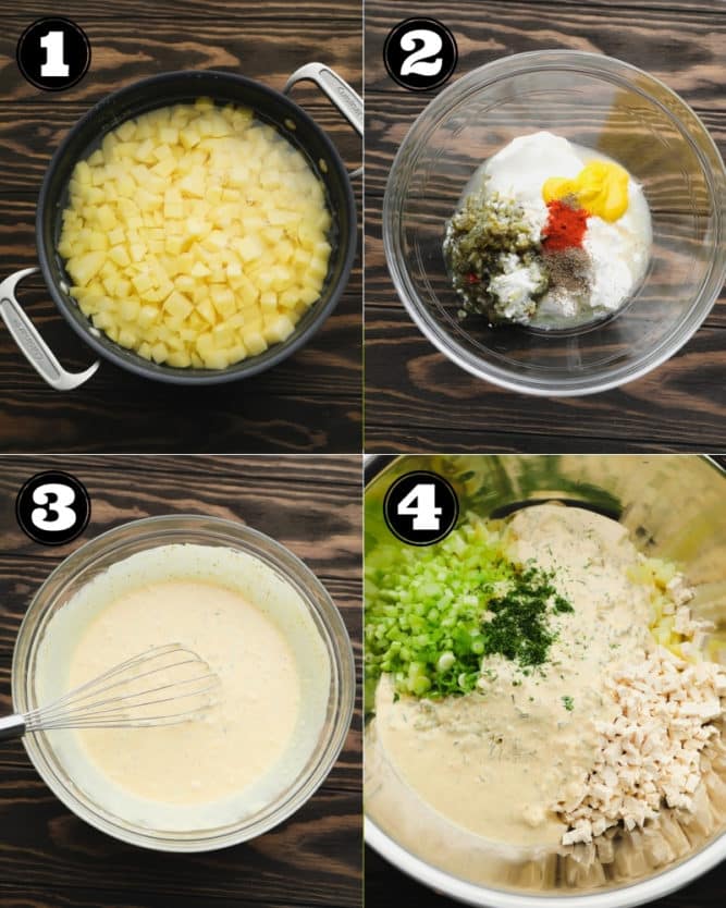 collage showing the process of making a vegan potato salad