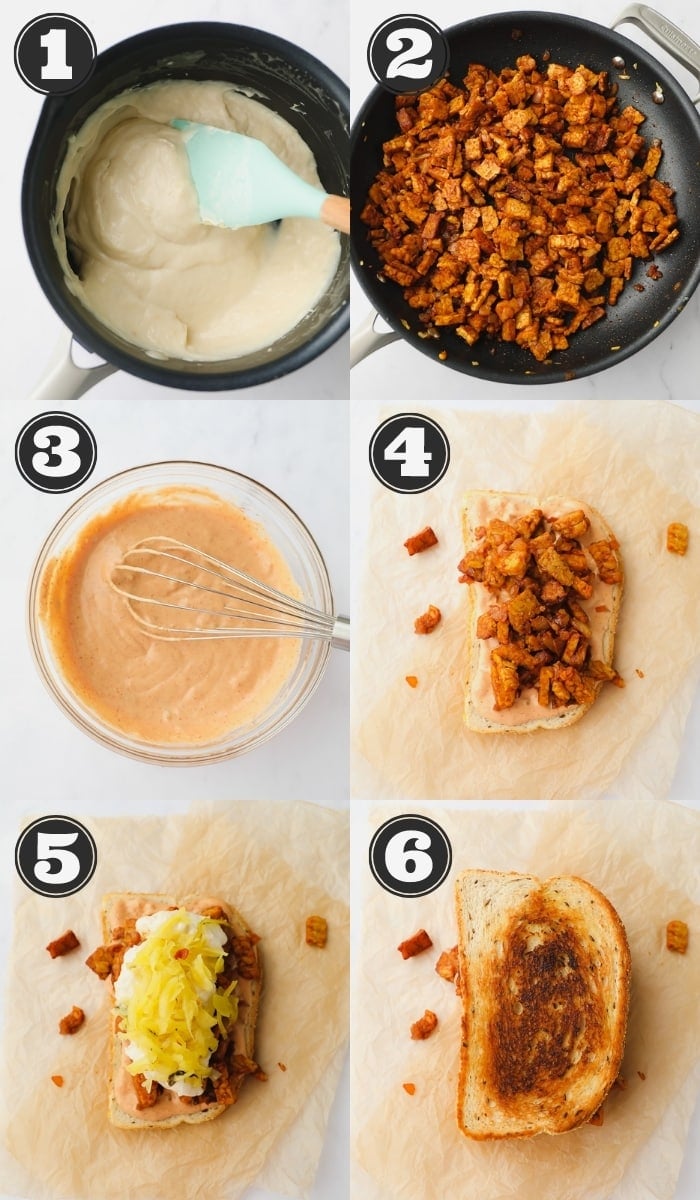 6 images showing the steps to making a tempeh sandwich