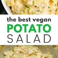 Pinterest collage with text in the middle reading "the best vegan potato salad"