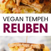 pinterest image of a vegan reuben sandwich sliced in half with sauerkraut and russian dressing leaking out