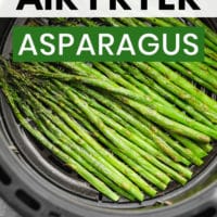 pinterest image of cooked asparagus in an air fryer basket