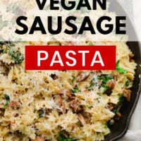 Pinterest collage with text for vegan sausage pasta