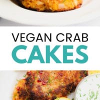 pinterest image of fried vegan crab cakes on a white plate
