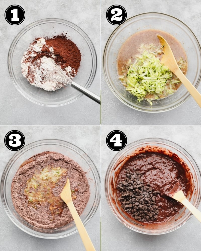 4 images showing the steps to making chocolate zucchini muffin batter