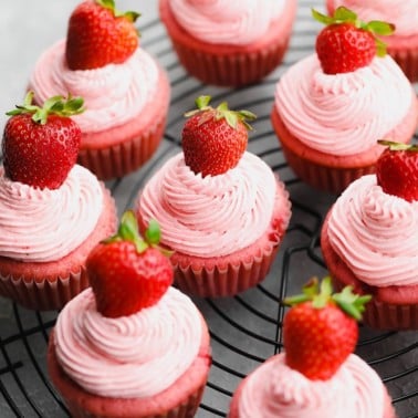 square image of many strawberry cupcakes