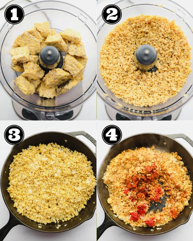 4 images showing the process of crumbling tempeh in a food processor and sauteeing it in a pan