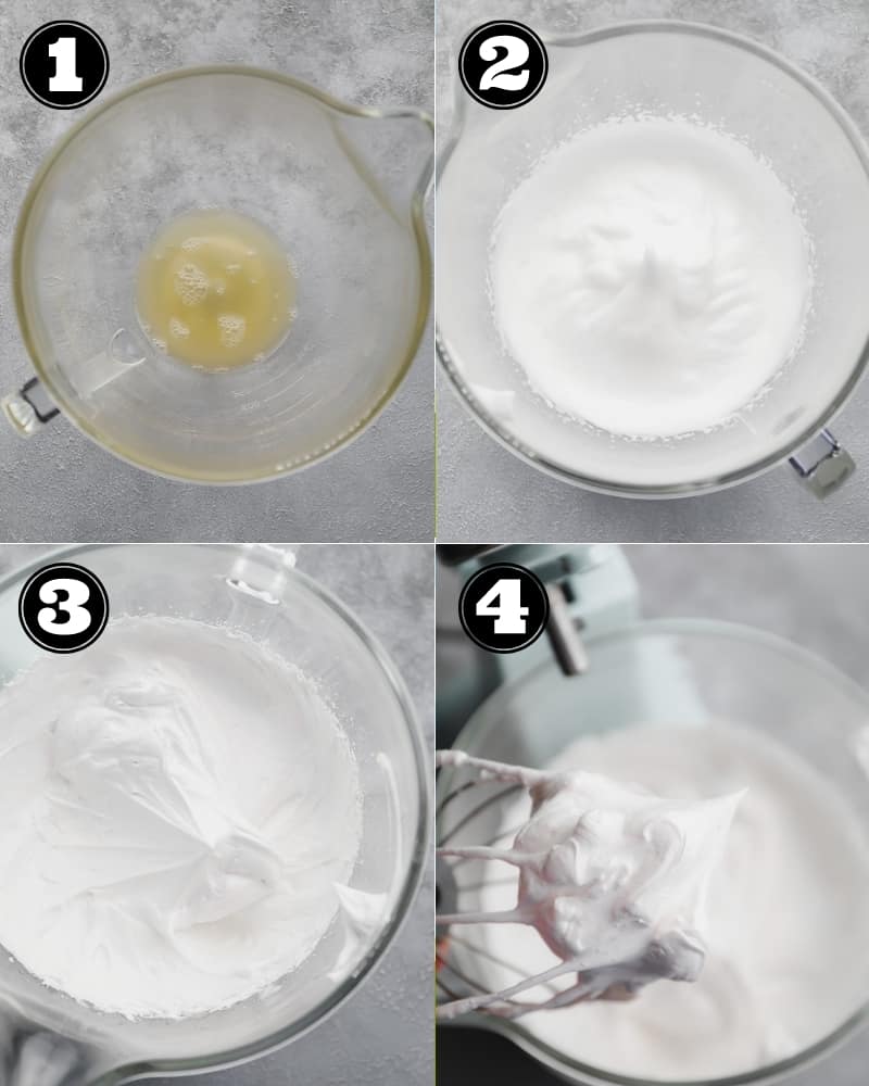 4 images showing the process of whipping meringue