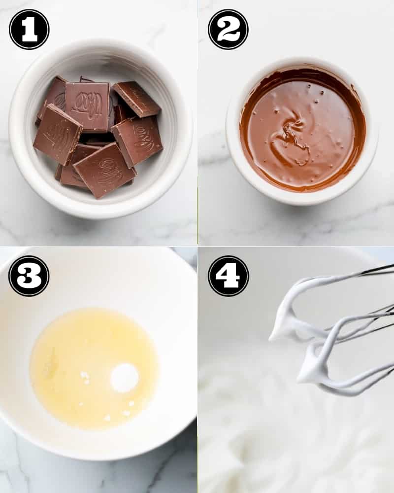 4 images showing the steps to melt chocolate and whip aquafaba in a bowl