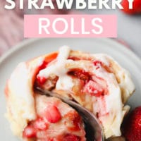 pinterest image with text for cinnamon rolls with strawberries