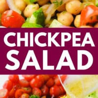pinterest image of a chickpea salad with tomatoes and cucumbers