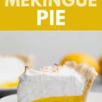 pinterest image of a slice of lemon meringue pie on a white plate
