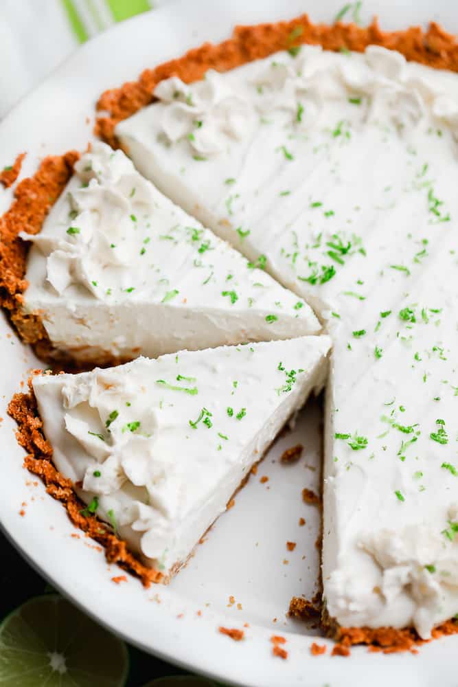 cut slices of key lime pie in a white pie plate