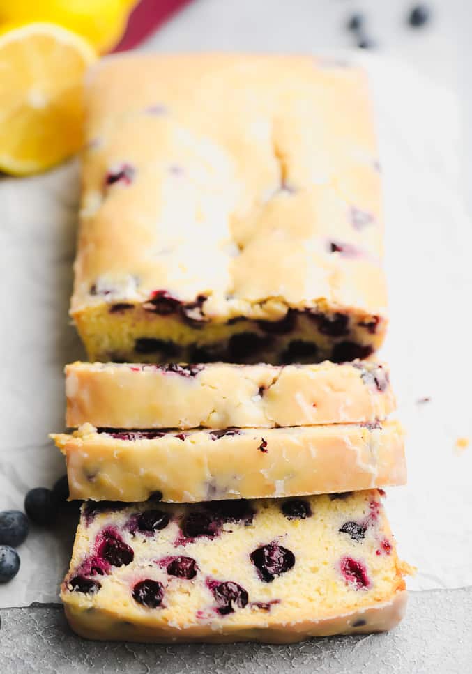 3 slices of blueberry bread cut from the loaf