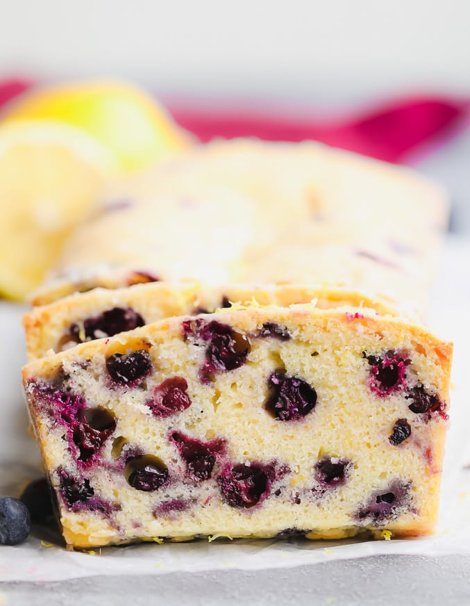 close up on a slice of blueberry bread