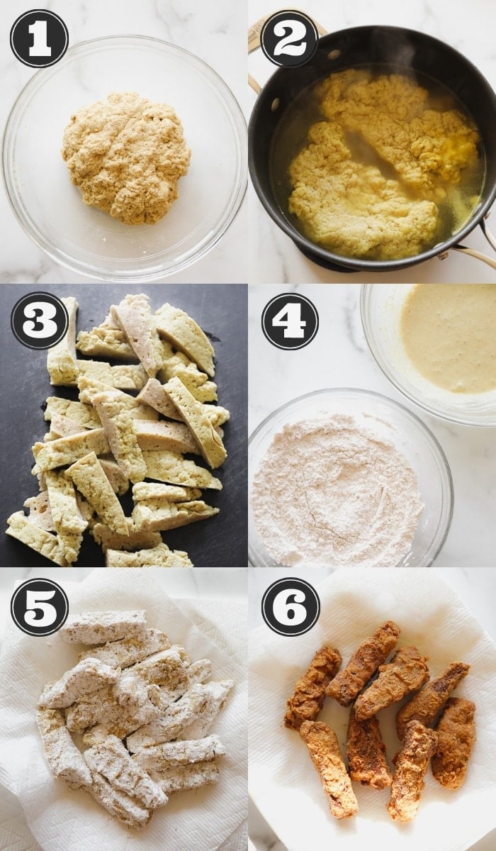 6 images showing the steps to making seitan and frying vegan chicken pieces