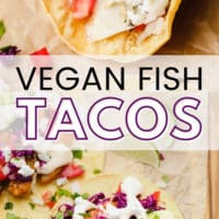 pinterest image of corn tortillas topped with vegan fish, purple cabbage, and white sauce on parchment paper