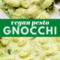 pinterest image of a green cream sauce and gnocchi in a white bowl
