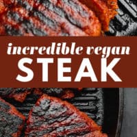 pinterest image of charred vegan steaks in a black grill pan