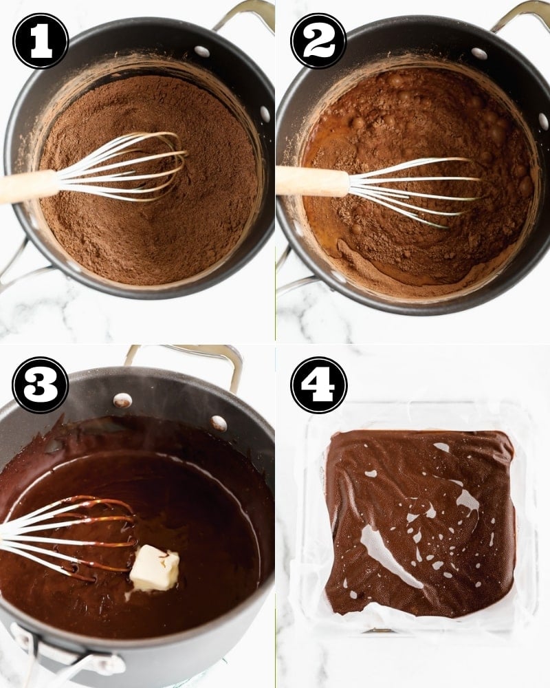 4 images showing the process of making chocolate pudding in a black pot