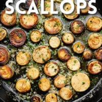 pinterest image of cooked vegan scallops in a large black skillet