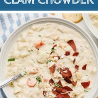 Pinterest image with text box reading creamy clam chowder that is vegan