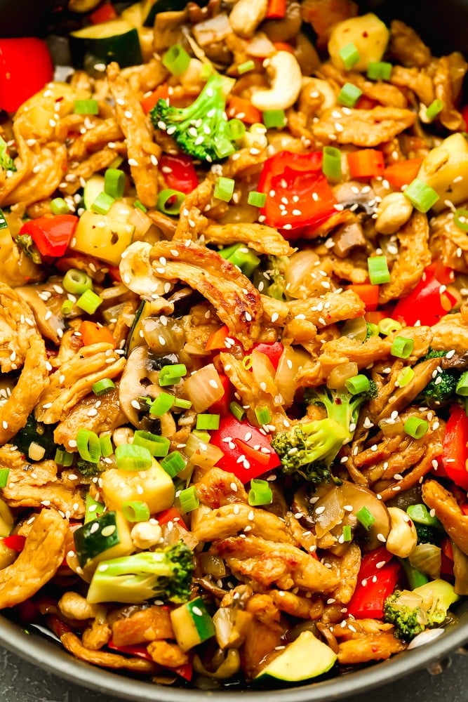 large platter with cooked stir fry veggies and soy curls