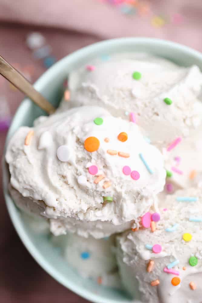 close up on scoops of vanilla ice cream with sprinkles in a bowl