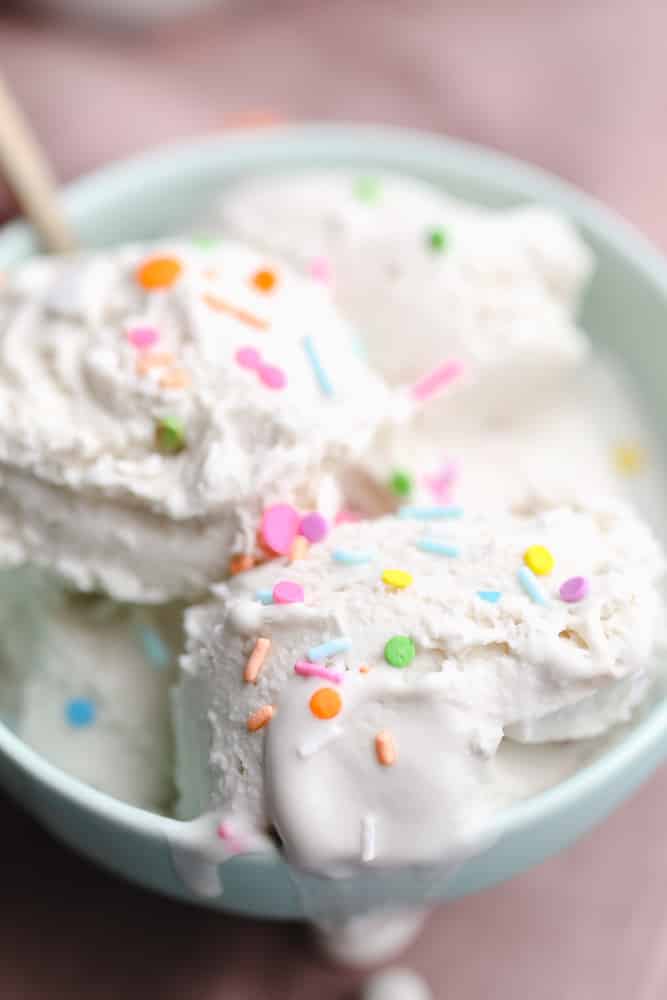 close up on scoops of vanilla ice cream with sprinkles in a bowl