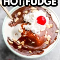pinterest image with text overlay for vegan hot fudge