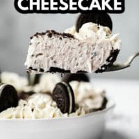 pinterest image of a pie knife lifting a slice of oreo cheesecake out of a white pie pan.