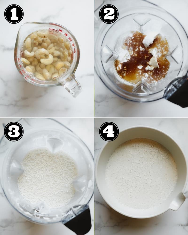 4 images showing the process of blending a soaked cashews and coconut milk
