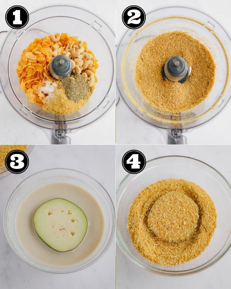 4 images showing how to blend a crumb coating together and dipping a slice of eggplant in the crumbs.