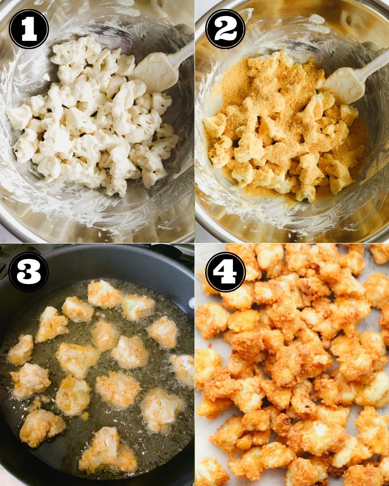 4 images showing the process of breading and frying cauliflower wings