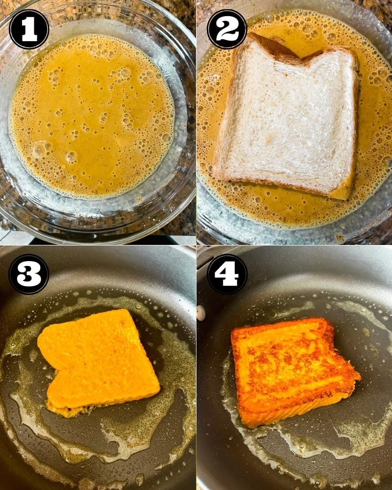 4 images showing the process of coating a slice of bread in an orange batter and frying it in a black pan.