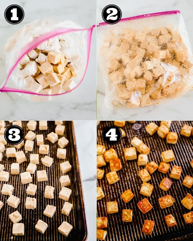 4 images showing the process of baking seasoned tofu cubes